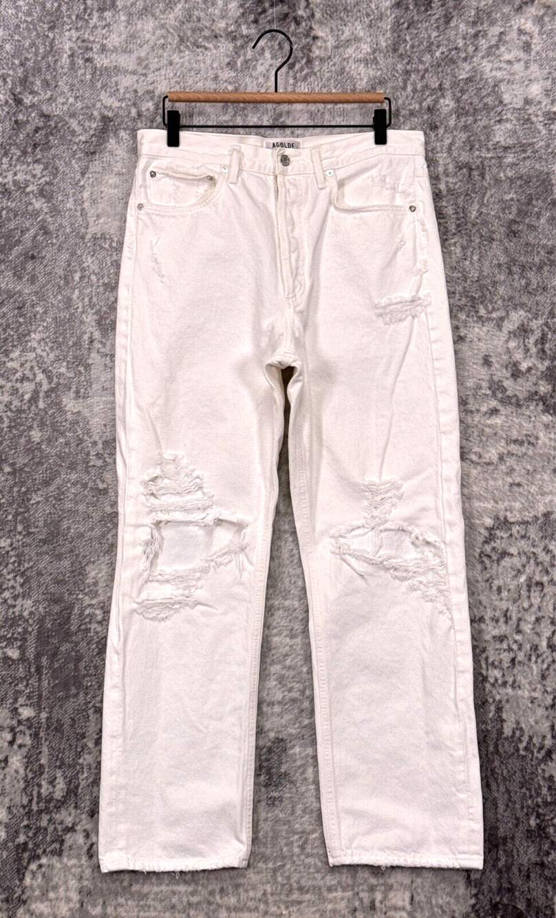AGOLDE Jeans 29 Womens 90s Fit Straight Leg High Rise Distressed White Denim